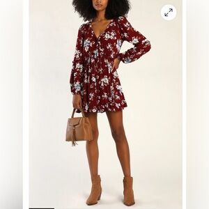 Lulus Lovely Blooms Burgundy Floral Print Long Sleeve Babydoll Dress size xs